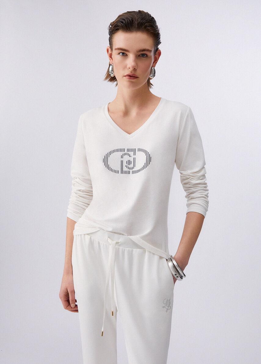 LIU JO T-SHIRT SCOLLO V M/L - BIANCO STRASS - TA6053JS003-M9295